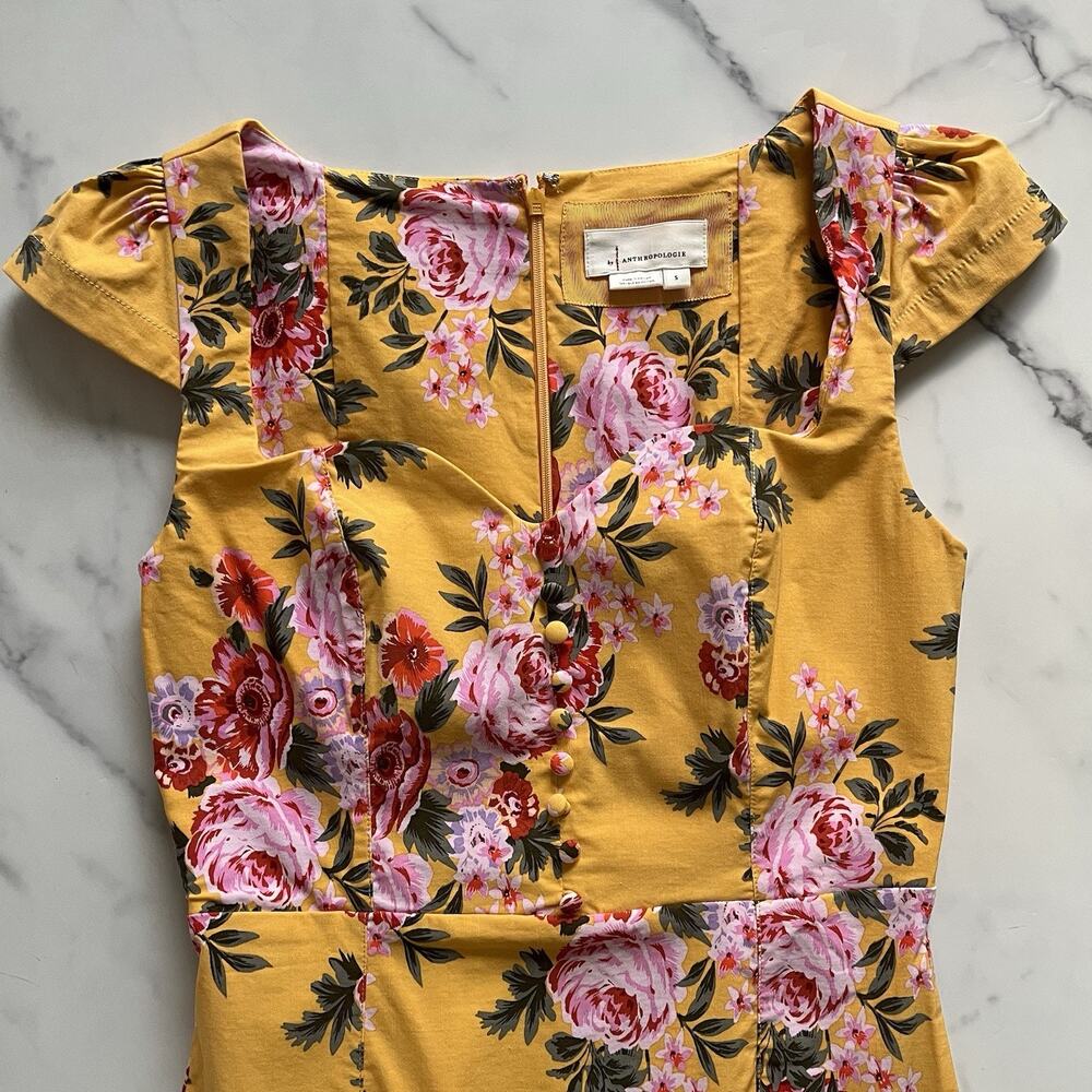 Anthropologie Maeve Cecily Yellow Floral Sweetheart Midi Dress S Romantic Retro - Picture 6 of 11